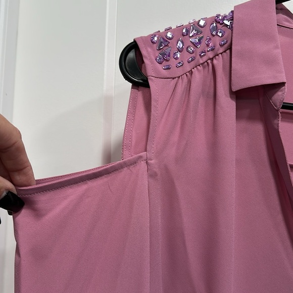 Candie’s Pink Button Down Cold Shoulder Blouse With Purple Jewels - Size Large - Picture 5 of 11